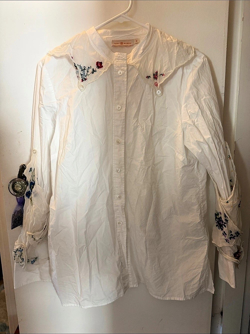 Tory Burch Embroidered Floral White Button Down Shirt